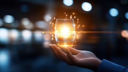 Digital hologram of AI assistant for business analytics, interactive futuristic interface, AI hologram business, digital analytics concept