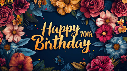 Elegant 70th Birthday Greeting Card with Vibrant Flowers on a Dark Blue Background – Milestone Celebration Design
