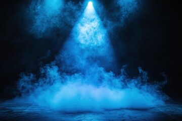 Fototapeta premium A dramatic blue spotlight illuminating an empty stage, casting vibrant shadows on the floor, creating a captivating atmosphere for performances
