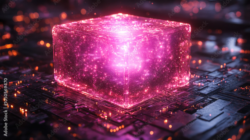 Poster futuristic quantum computer emitting glowing particles representing advanced technology concepts