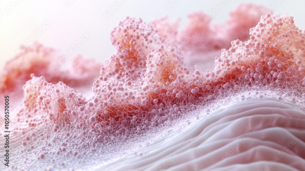 Poster a close-up of textured, pink-hued waves resembling foam, capturing delicate patterns and soft colors