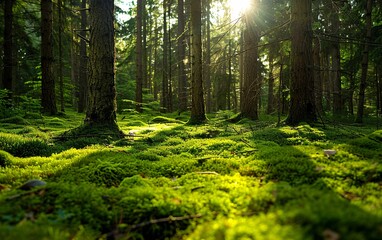 Obraz premium Beautiful and peaceful forest with green moss covering