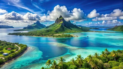 Symmetrical aerial view of Bora Bora lagoon with Raiatea and Tahaa islands in background