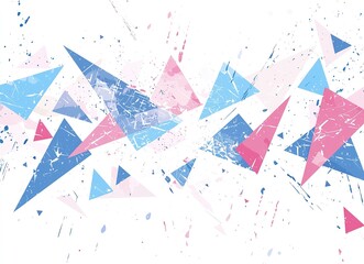 Fototapeta premium Dynamic composition of pastel blue and pink triangles with splatter of grunge textures creating modern abstract design. Ideal for backgrounds, posters or digital graphics