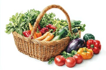 Vibrant watercolor painting showcasing a bounty of freshly picked garden vegetables overflowing from a wicker basket, celebrating the abundance of nature