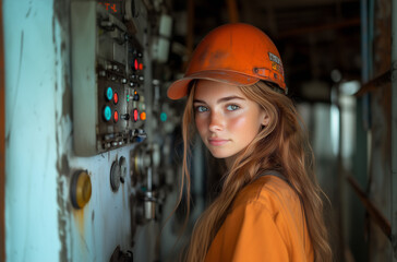 A portrait of an attractive woman in her late twenties, dressed as a construction worker with an orange helmet and , working at the control panel. Hard work feminine power
