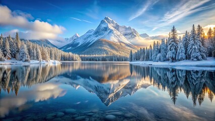 Symmetrical majestic winter wonderland with snow covered peak and frozen lake