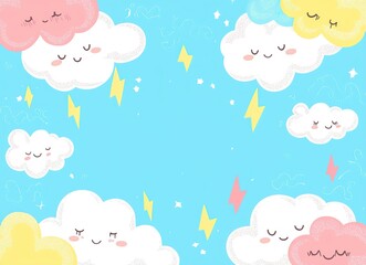 Colorful background with happy sleeping clouds and lightning bolts on pastel blue sky. Ideal for children projects, poster baby shower, invitation or birthday card.