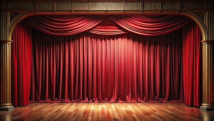 Symmetrical stage with red velvet curtain in a theater