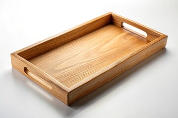 Symmetrical wooden tray with handle on white surface