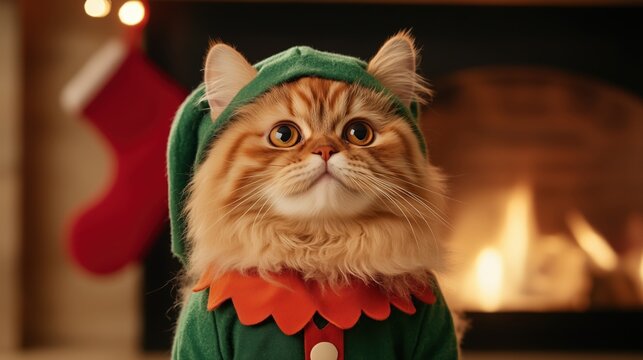 A festive cat in an elf costume poses cheerfully in front of a cozy fireplace, embodying holiday charm and joy.
