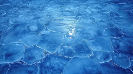Obraz premium Ice surface with cracked patterns reflecting light, creating serene and tranquil atmosphere. blue hues evoke sense of calmness and natural beauty