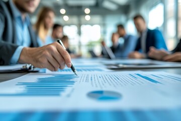 Close up shot business people team meeting in conference room in company. Businessman pointing pen at document on the table, Generative AI