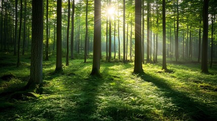 Obraz premium Serene Sunlit Forest with Lush Green Undergrowth - Woodland Landscape 