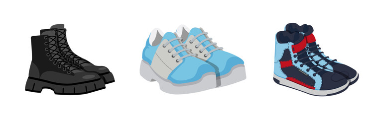 A set of three different types of men's shoes arranged in a row. Military, medical, sports shoes on a white background. Modern vector design.