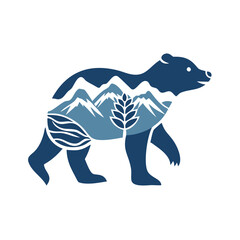 Obraz premium Stylized bear silhouette with mountain and plant design elements 