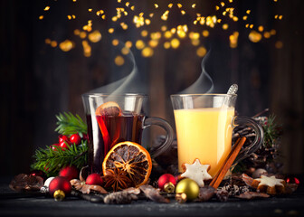 glasses of eggnog and mulled wine with orange slices, Christmas decorations and fairy lights...