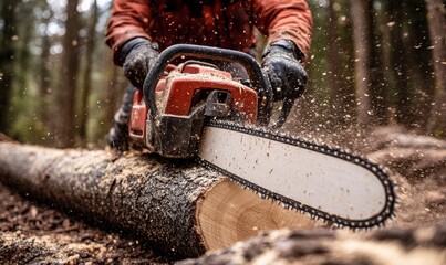Skilled lumberjack using a chainsaw to cut a log, sawdust flying around as the powerful tool slices through the wood in a forested area, Generative AI