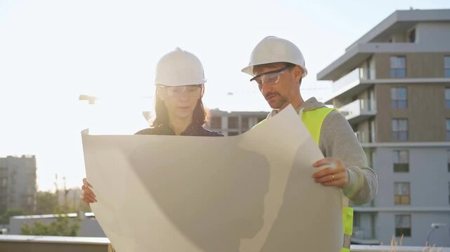 Man and woman architects wearing safety helmets and vests holding blueprint and discussing something on construction site at sunrise