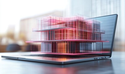 Holographic 3D building model on laptop, digital Building Information Modeling (BIM) technology for architectural design, construction planning, and project management in a futuristic, Generative AI