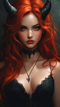 Alluring She-Devil with Horns and Fiery Red Hair Mesmerizes Lost Souls in Dark Enchanted Setting - Seduction and Mystique Concept Illustration, Generative AI