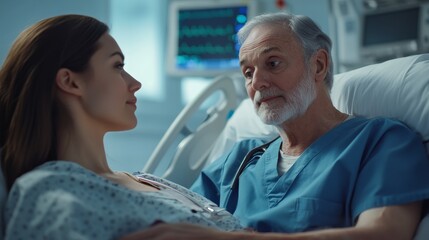 Obraz premium Doctor showing concern while talking to a patient in a hospital room, theme of health care, support, and medical assistance.