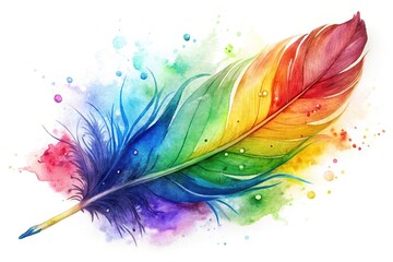 watercolor painting of a rainbow feather with splashes