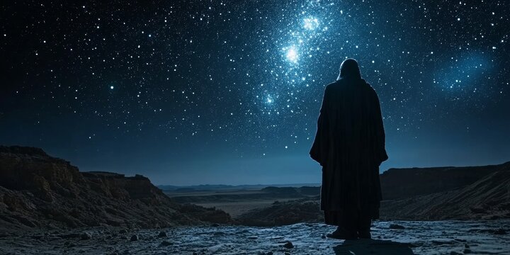 Abraham Counts the Stars on the Steppes: Abraham stands on the steppes, looking up at the sky and counting the stars, Generative AI