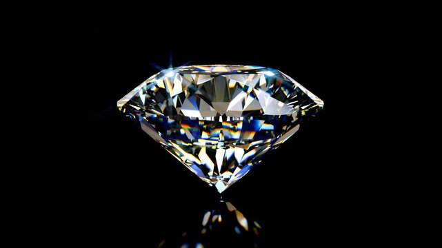 Sparkling round brilliant diamond rotating on black background. Seamless loop 3D animation