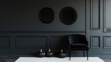 Fototapeta premium Halloweenthemed foyer with dark wood furniture, gothic mirrors, and black pumpkins, elegant Halloween foyer decor, sophisticated spooky entrance