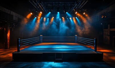 Empty Boxing Ring Under Spotlight in Arena with Illuminated Lights and Shadows Cast on Floor, Anticipation of Upcoming Fight Event, Generative AI