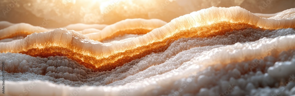 Poster a close-up view of textured mineral formations illuminated by soft light.