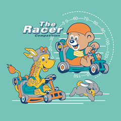 Bears and giraffes  racing cars for competition ,animal cartoon vector illustration