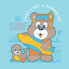 Fototapeta premium Bear and walrus go surfing on the beach together ,animal cartoon vector illustration