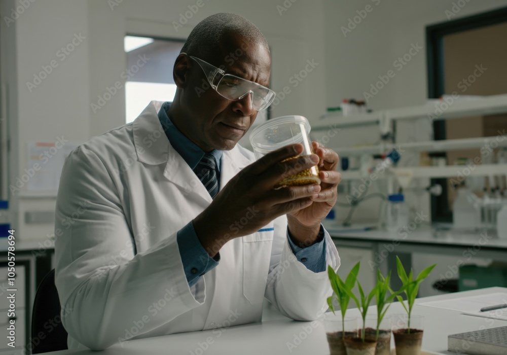 Poster agricultural scientist analyzing genetically modified corn seeds in a laboratory setting, focusing o