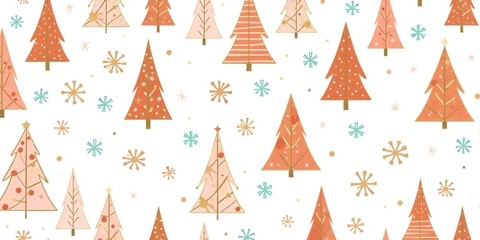 A seamless pattern with various stylized Christmas trees, simple geometric shapes and patterns, creating a whimsical and festive design