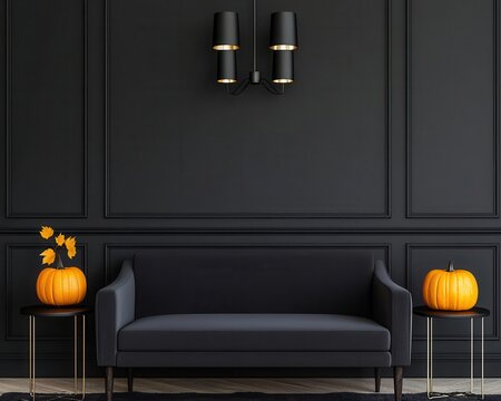 Subtle Halloween decor in a luxury living room black pumpkins, sleek gold accents, and candlelit chandeliers, elegant Halloween luxury home, chic spooky setup