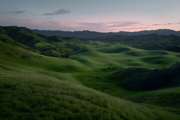 Fototapeta premium Rolling hills at sunset, green and serene.