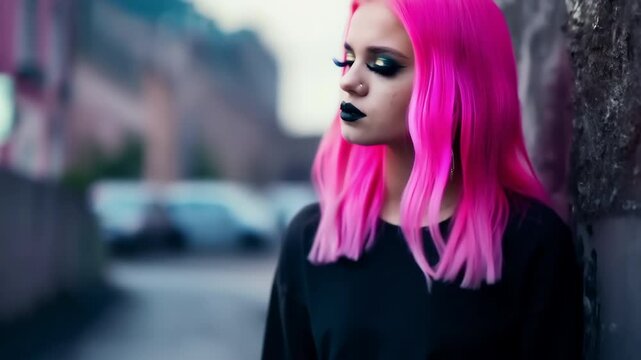 Stylish teenage girl with bright pink hair and make up. Teen rebellion, transitional awkward age. Fashionable rebel expresses herself. Cool teenager. Punk hipster emo style. Black lips, shirt.