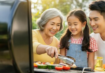 Grandmother grilling vegetables with her granddaughter and son, enjoying a sunny day in backyard