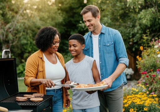 Family grilling burgers and enjoying an outdoor meal together in their backyard