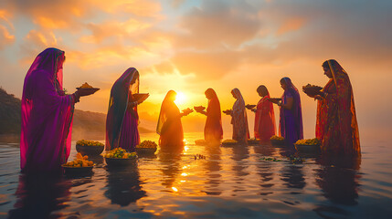 dawn view on river bank during Chhath Puja, women wearing colorful saris standing in water with offerings of fruits and flowers in hands, sun has just risen, Ai generated images