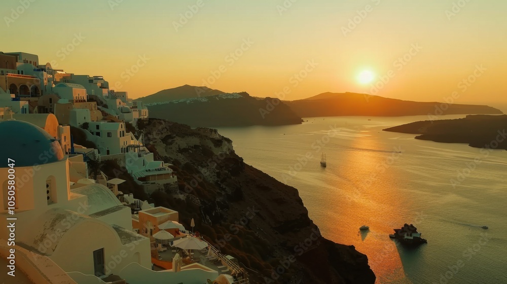 Aufkleber a stunning view of santorini's sunset over the caldera with its iconic whitewashed buildings and dee