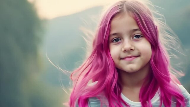 Stylish teenage girl with bright pink dyed hair smile. Cute teen. Fashionable female schoolgirl expresses herself. Cool teenager. Park outdoor background. 8 years old.