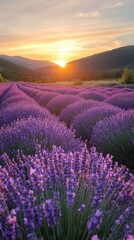 Obraz premium Lavender Fields at Sunset: Serene Purple Blooms Spread Across the Landscape, Generative AI