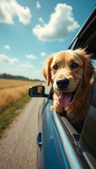 A cheerful golden retriever with its head out of a car window, enjoying the breeze on a sunny day. The image captures joy, freedom, and a playful spirit.