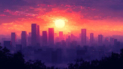 Fototapeta premium Stunning sunset over a vibrant city skyline a digital art interpretation