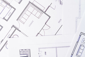 Construction background. House plan on table texture. Working drawings of a house project design..