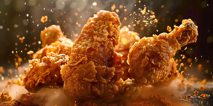 Piezas de pollo frito cayendo sobre una mesa