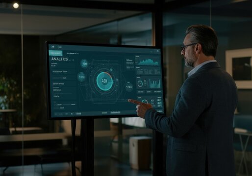 Project manager analyzing business growth on interactive digital whiteboard displaying real-time analytics and key performance indicators